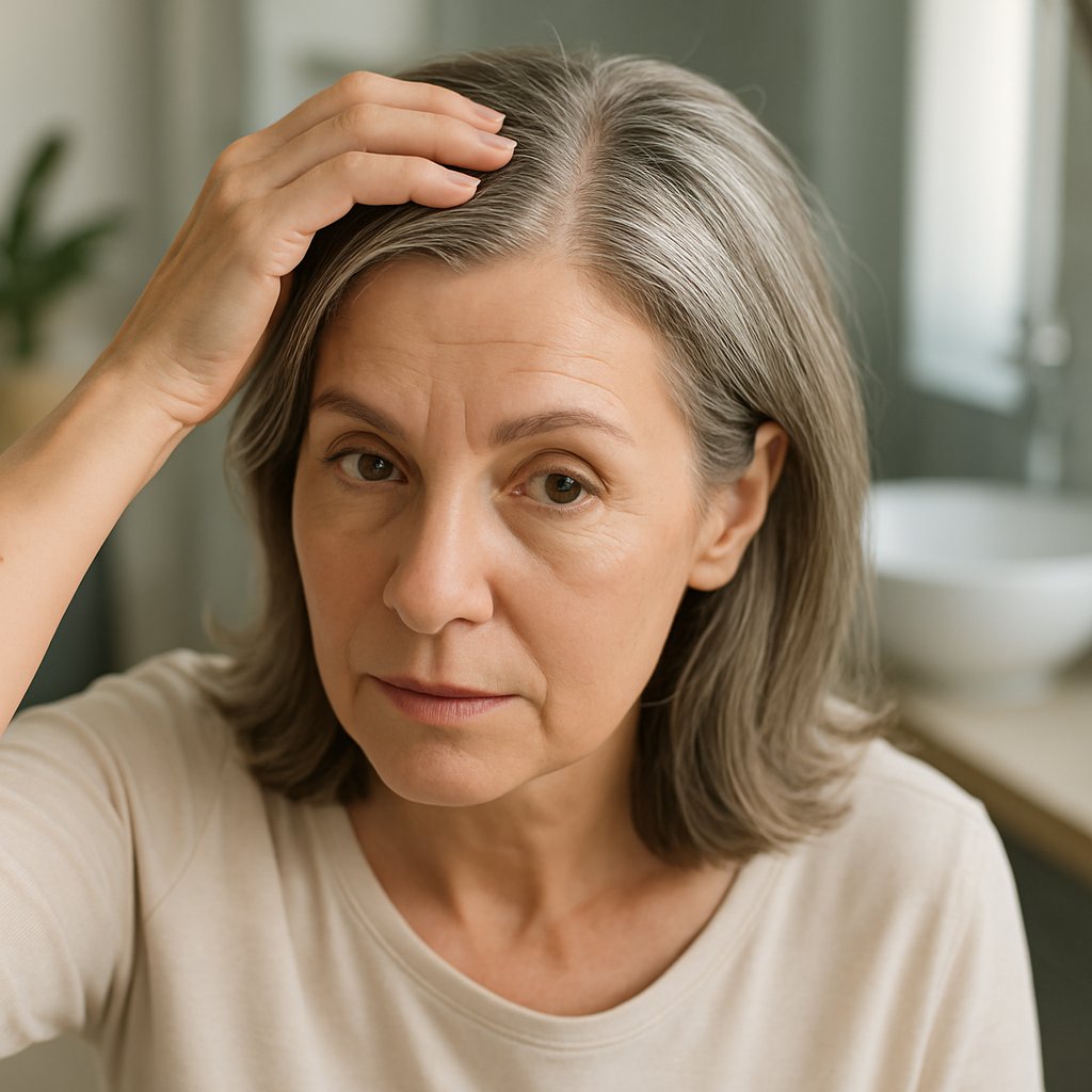 A mature woman looking at herself in a mirror, touching her hair part on one side.