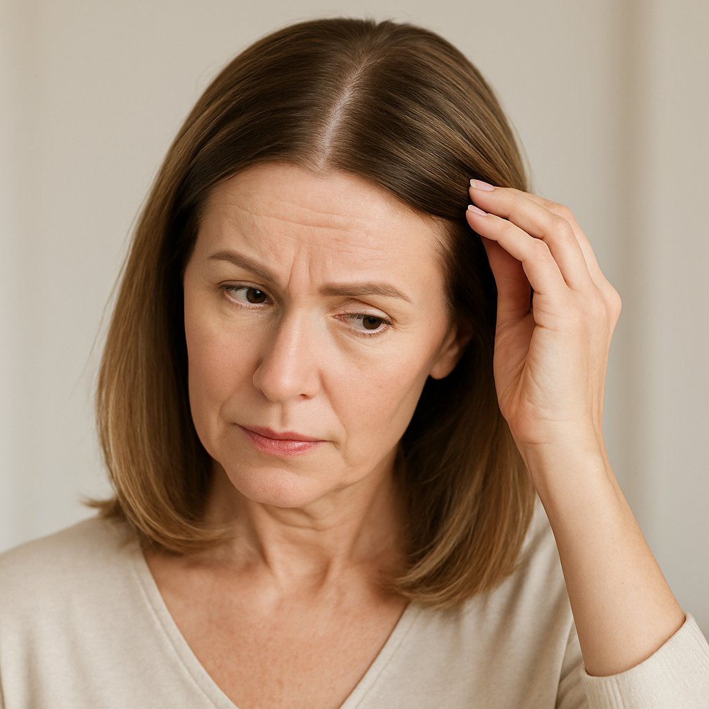 Middle-aged woman with shoulder-length hair parted unevenly, gently touching her hair and looking thoughtful.