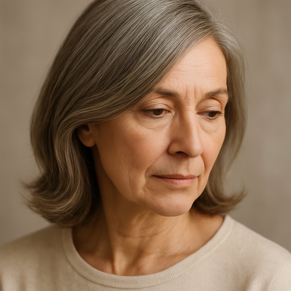 A mature woman with a deep side hair part gently covering wrinkles on her face, looking thoughtful against a neutral background.