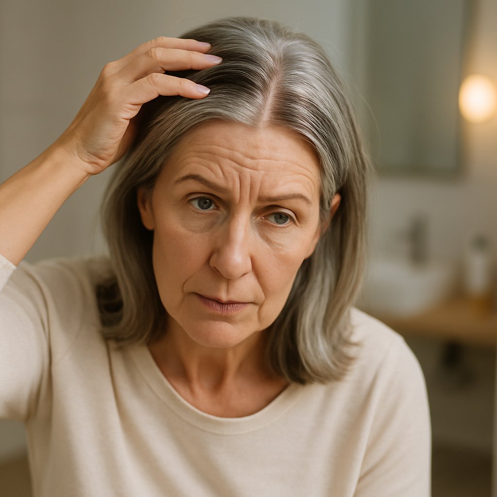 A mature woman looking at her hair parting in a bathroom mirror, gently touching her hair with a thoughtful expression.