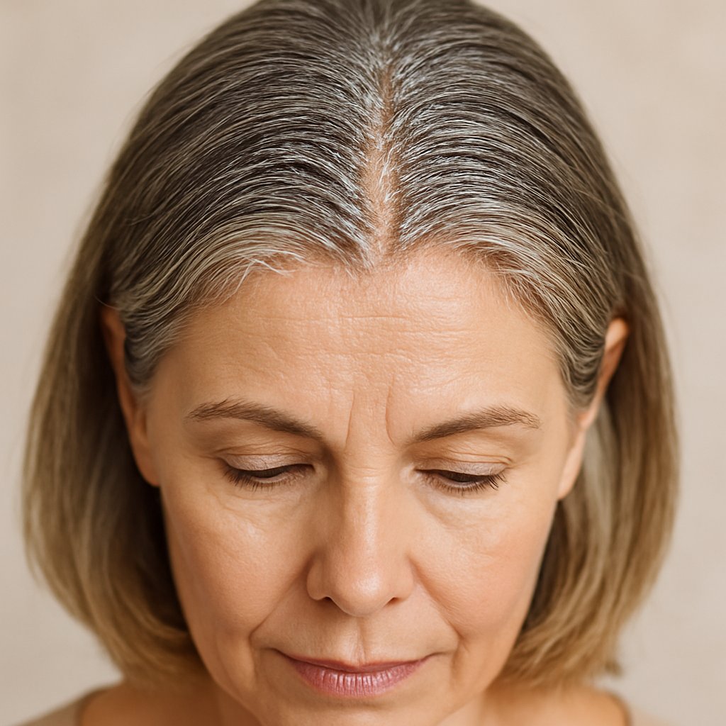 Close-up of a mature woman showing crunchy, flaky hair roots near her hair part.