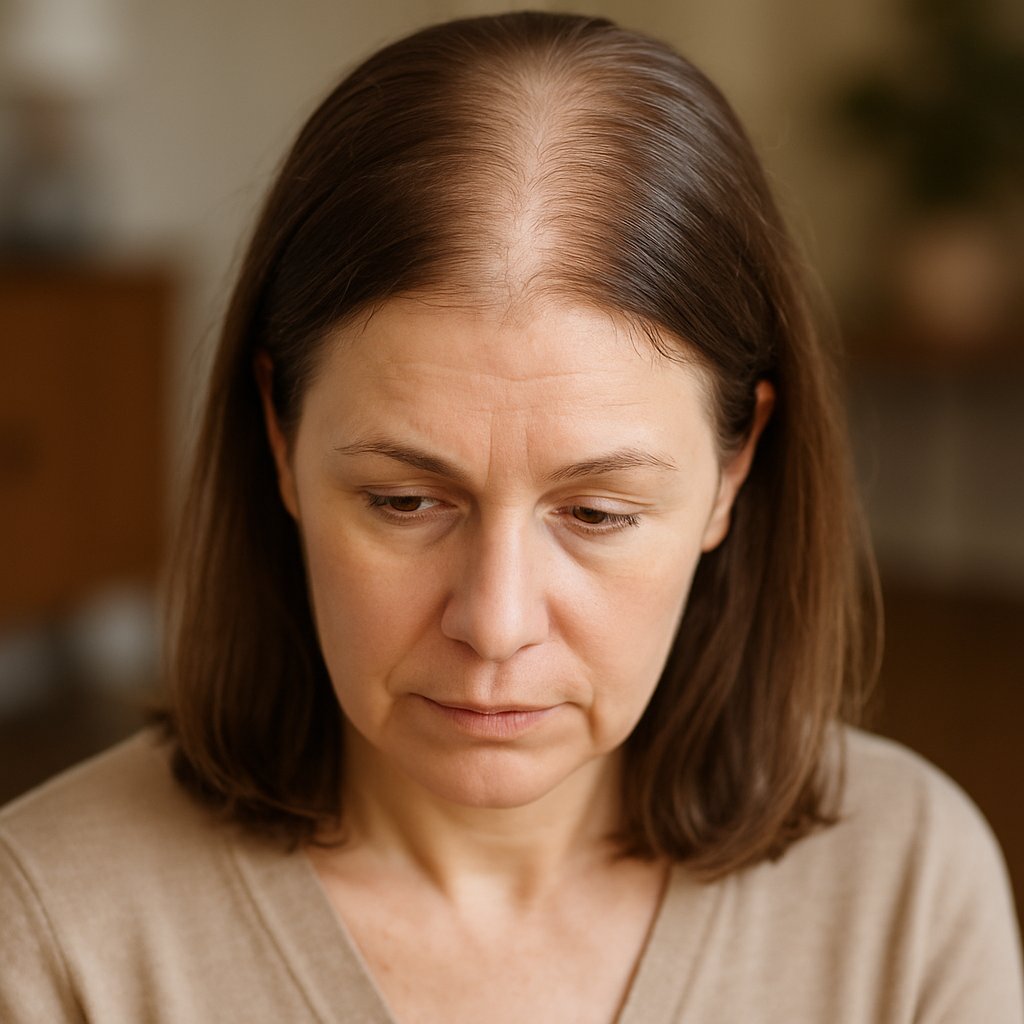 Middle-aged woman with thinning hair at the crown, maintaining a middle part hairstyle, looking ahead indoors.