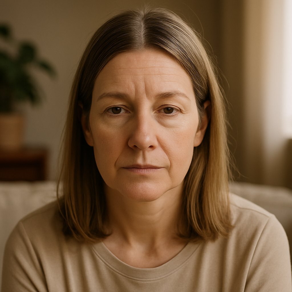 A mature woman with shoulder-length hair parted in the center, sitting indoors and looking thoughtful.
