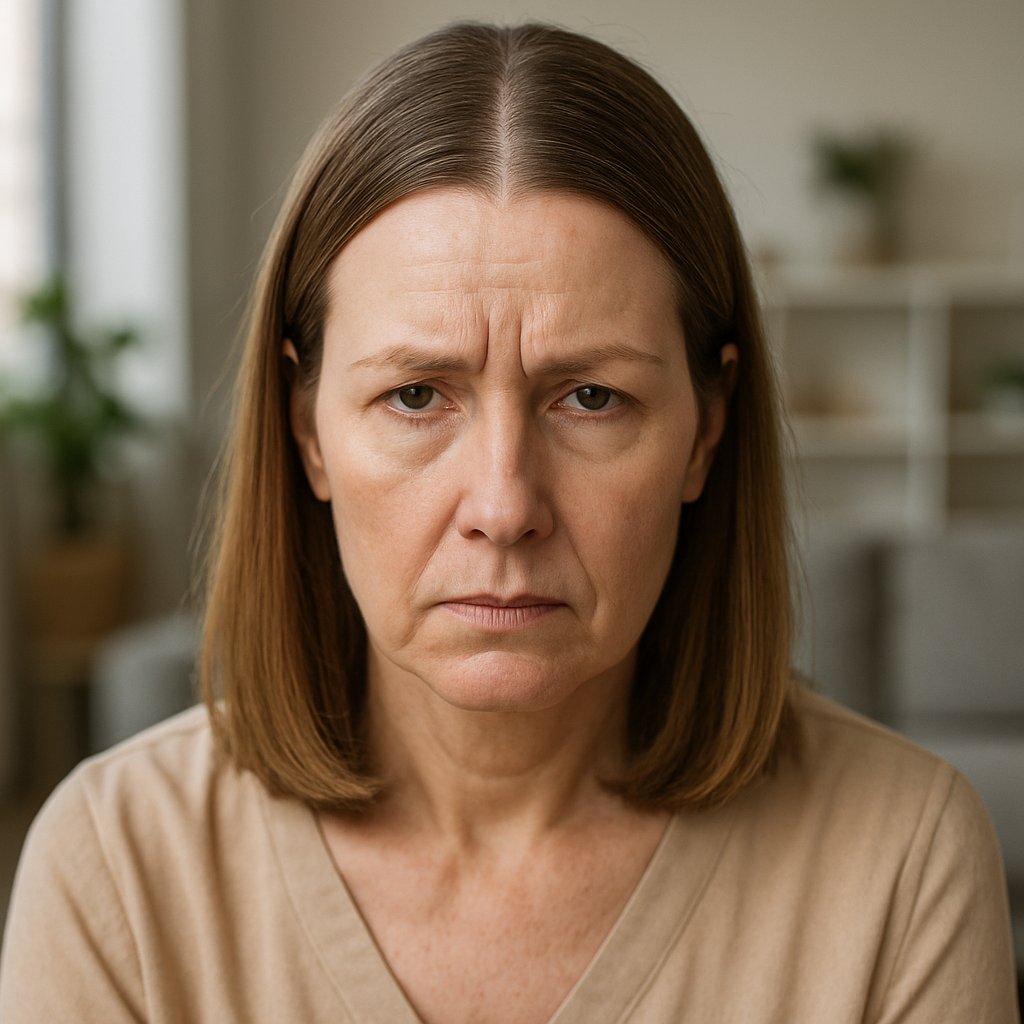 A mature woman with a harsh, straight hair part looking tired and serious in a softly lit room.