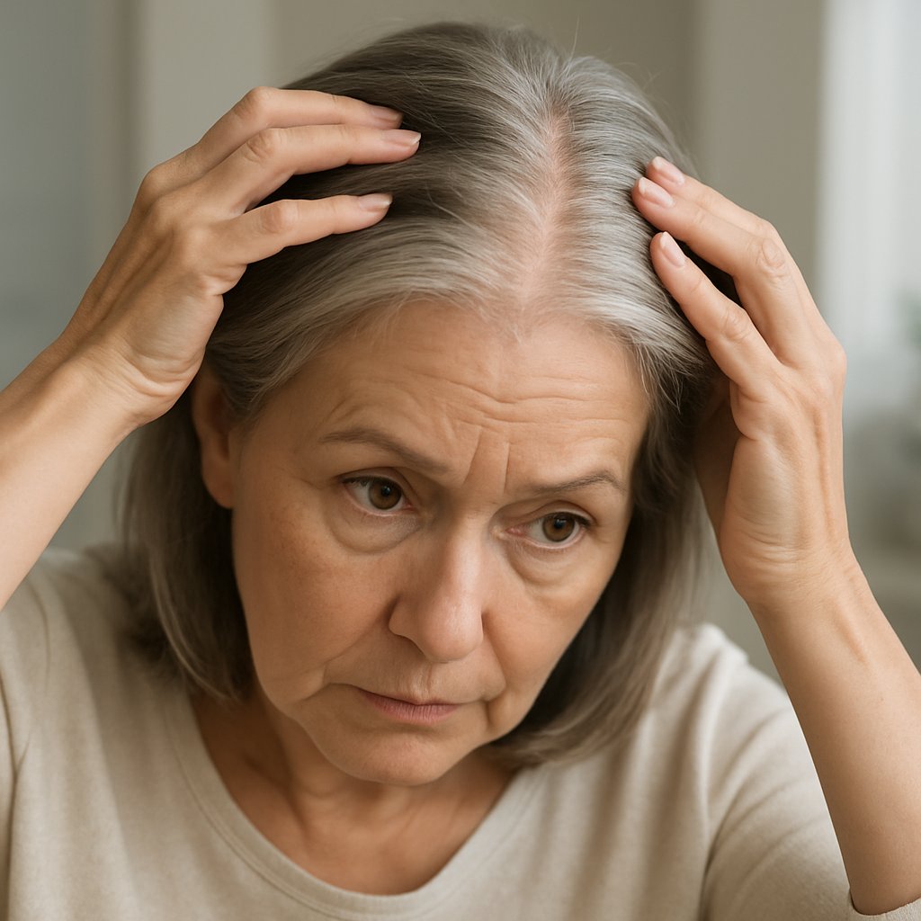 An older woman parting her hair in front of a mirror, showing her scalp and thinning hair.