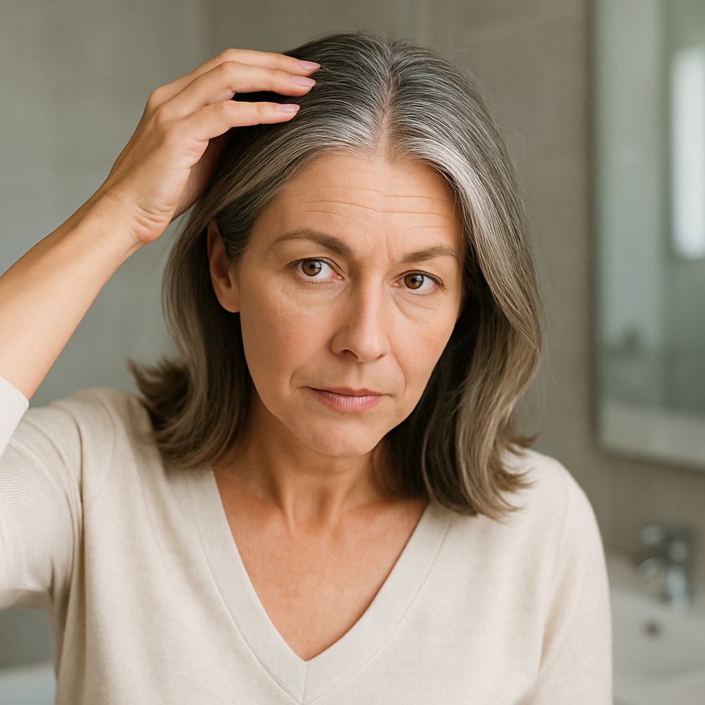A middle-aged woman looking at her hair parting in a bathroom mirror with a thoughtful expression.