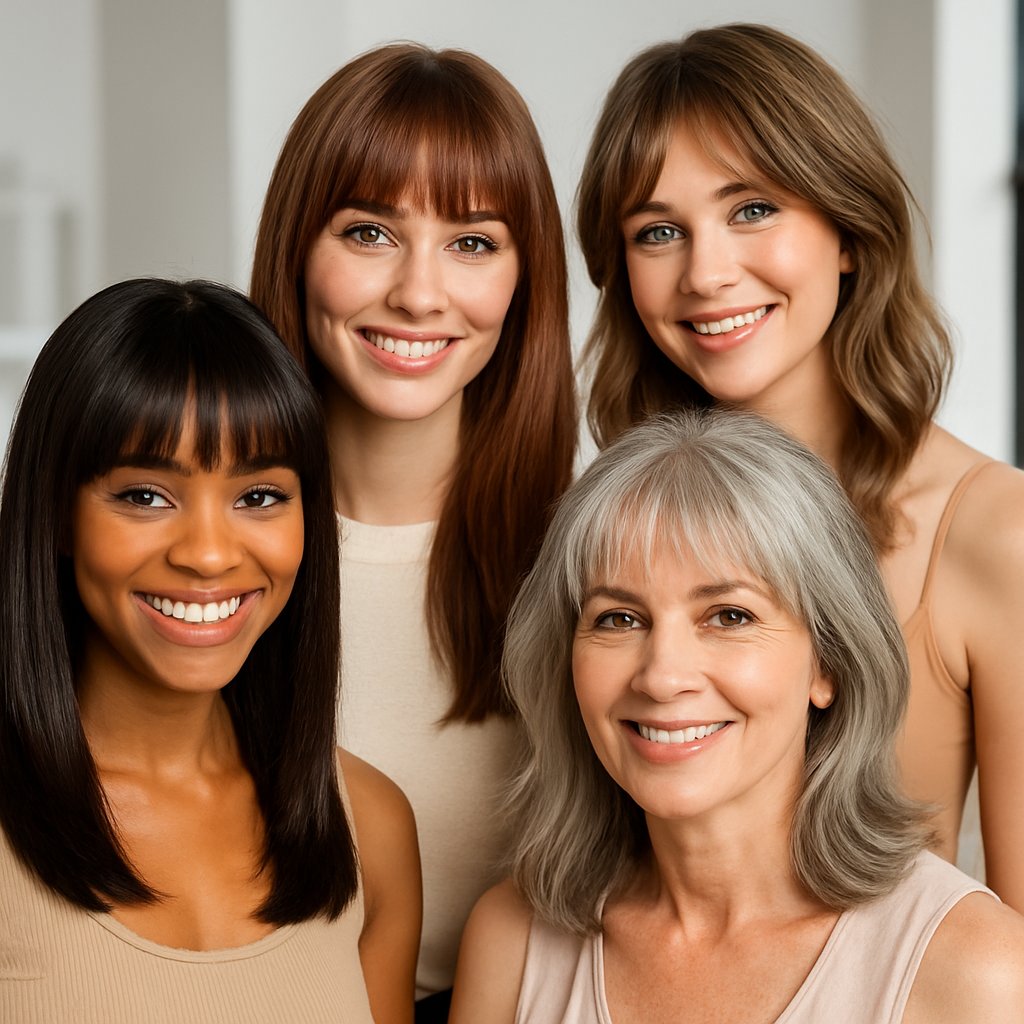 A group of diverse women smiling confidently in a bright studio, each with a different stylish haircut featuring bangs.