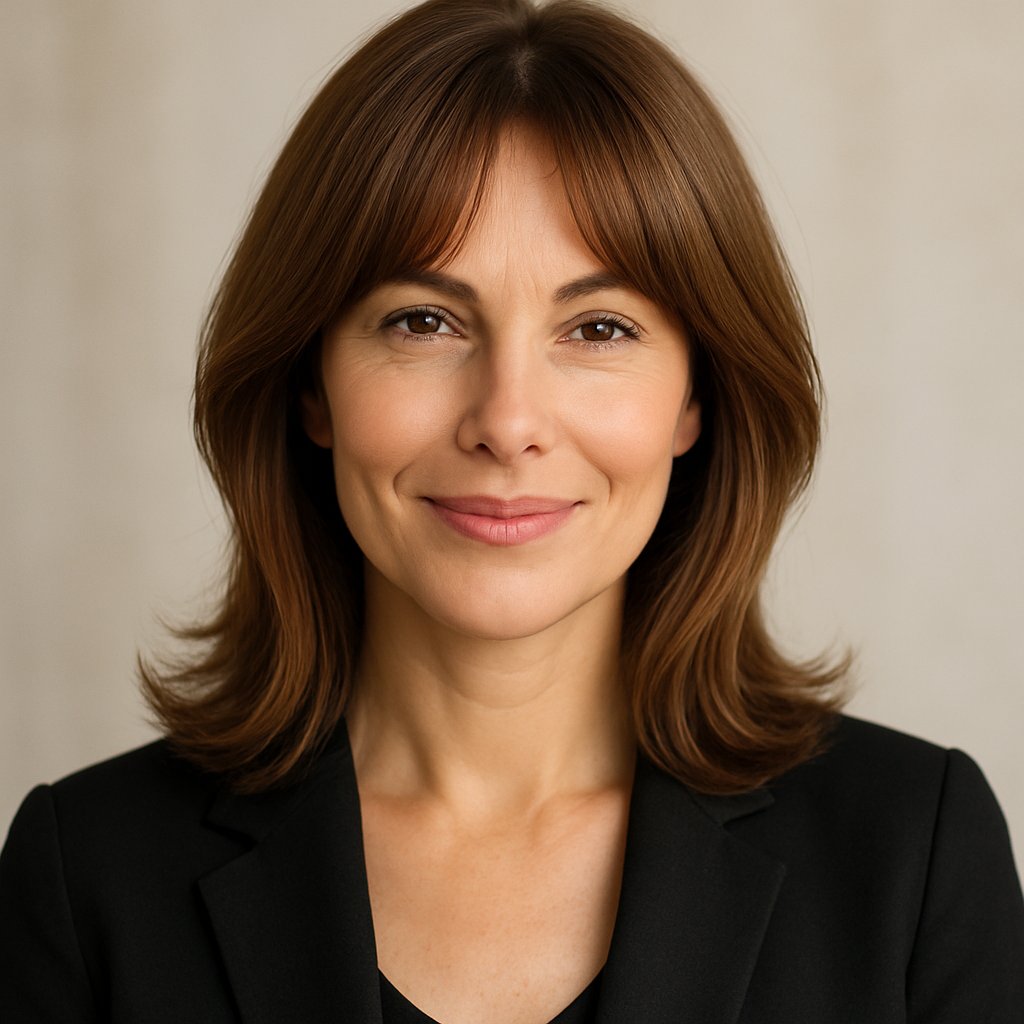 A woman with center-parted bangs smiling softly against a neutral background.