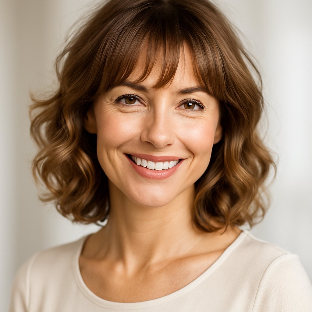 A woman smiling with soft curls and bangs, looking confident against a blurred background.