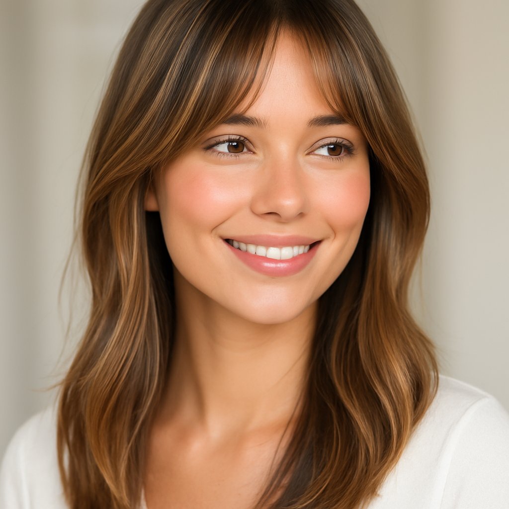 Portrait of a young woman with layered curtain bangs and soft color highlights, smiling gently against a blurred neutral background.