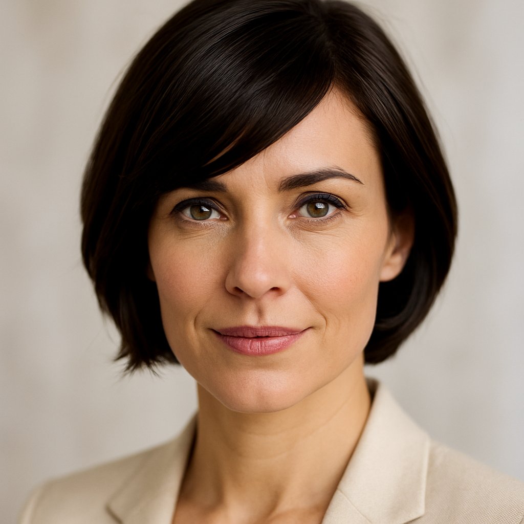 Close-up of a woman with asymmetrical side bangs looking confidently at the camera.