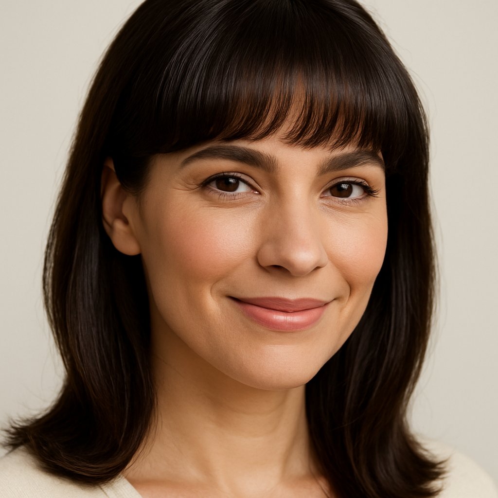 A woman with a textured fringe and a slight puff at the roots smiling gently at the camera against a neutral background.