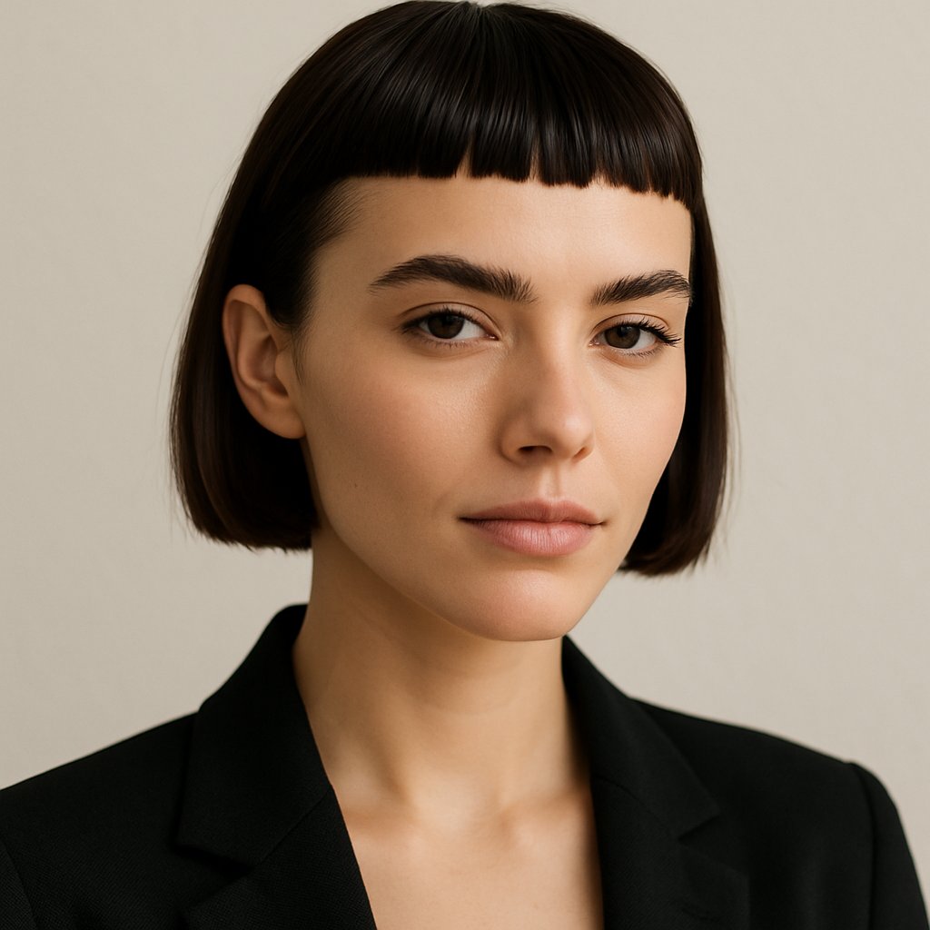 A young woman with short, straight bangs looking confidently at the camera against a plain background.