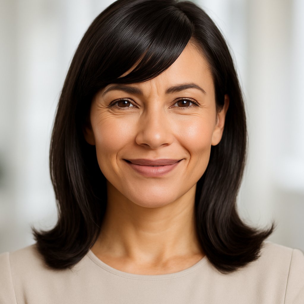 A woman with gently curved bangs smiling softly, looking confident and relaxed.