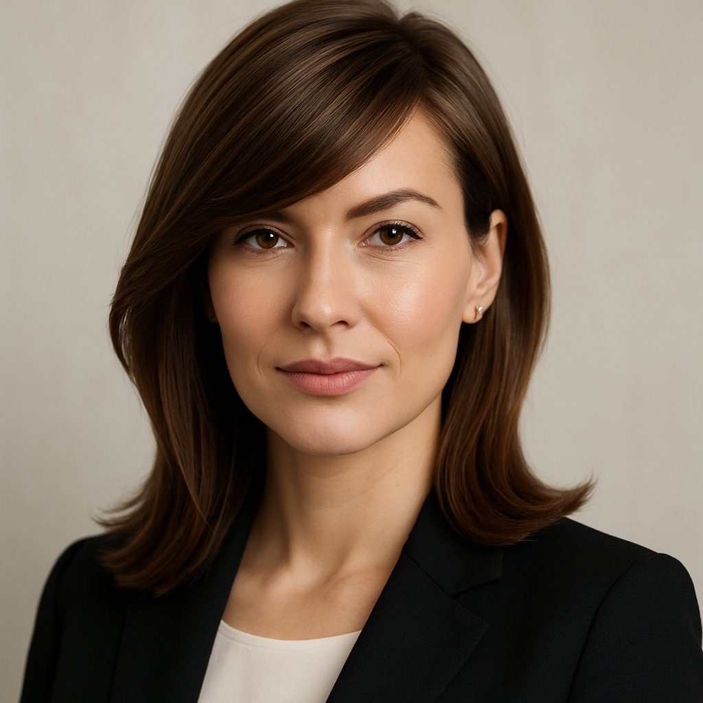 Close-up of a woman with angled bangs framing her face, smiling softly against a neutral background.
