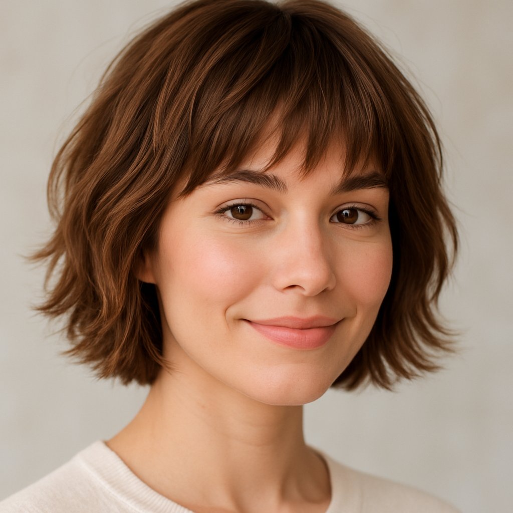 A young woman with chin-length bangs smiling softly against a neutral background.