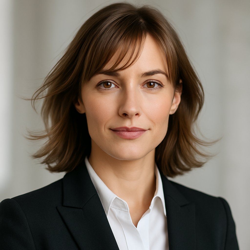 Portrait of a confident woman with side-parted bangs, wearing business attire, looking poised against a neutral background.