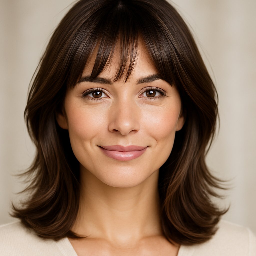 Portrait of a woman with layered bangs softly framing her face, smiling gently at the camera.