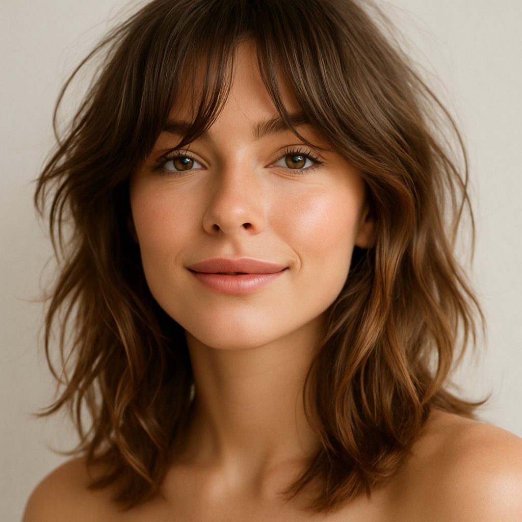 Portrait of a young woman with tousled curtain bangs and smooth skin, smiling softly against a neutral background.