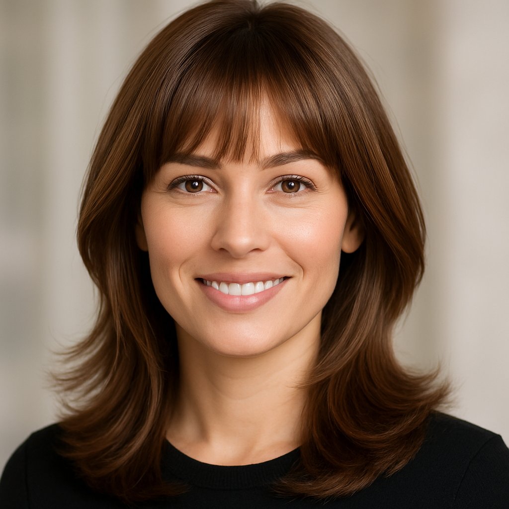 A smiling woman with layered hair and bangs framing her face, looking confident.
