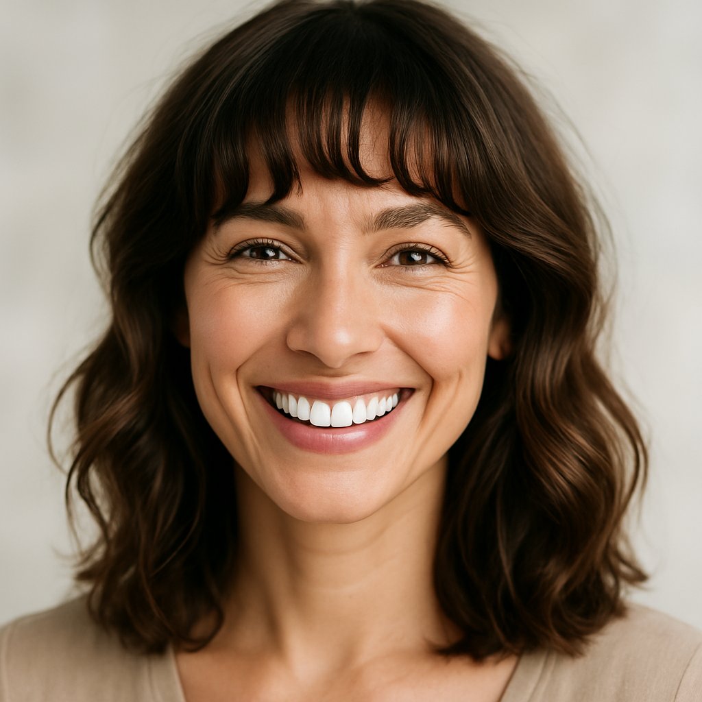 A smiling woman with fringed bangs and curled hair, looking confident and approachable against a neutral background.