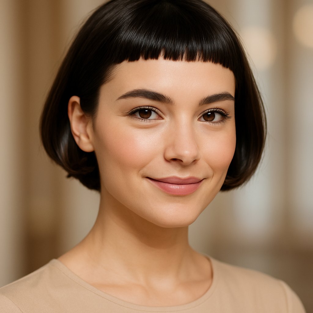 Close-up portrait of a smiling young woman with short baby bangs and natural makeup against a softly blurred background.