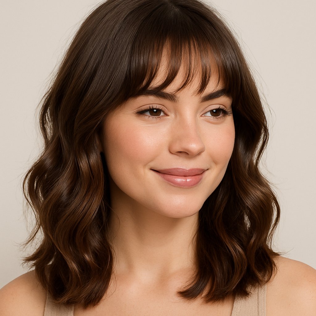 Young woman with softly waved fringe bangs smiling against a neutral background.