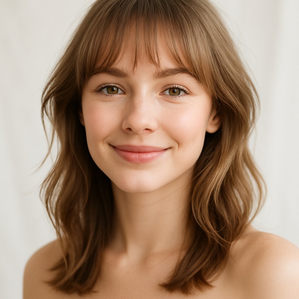 A young woman with light bangs smiling softly against a clean, blurred background.