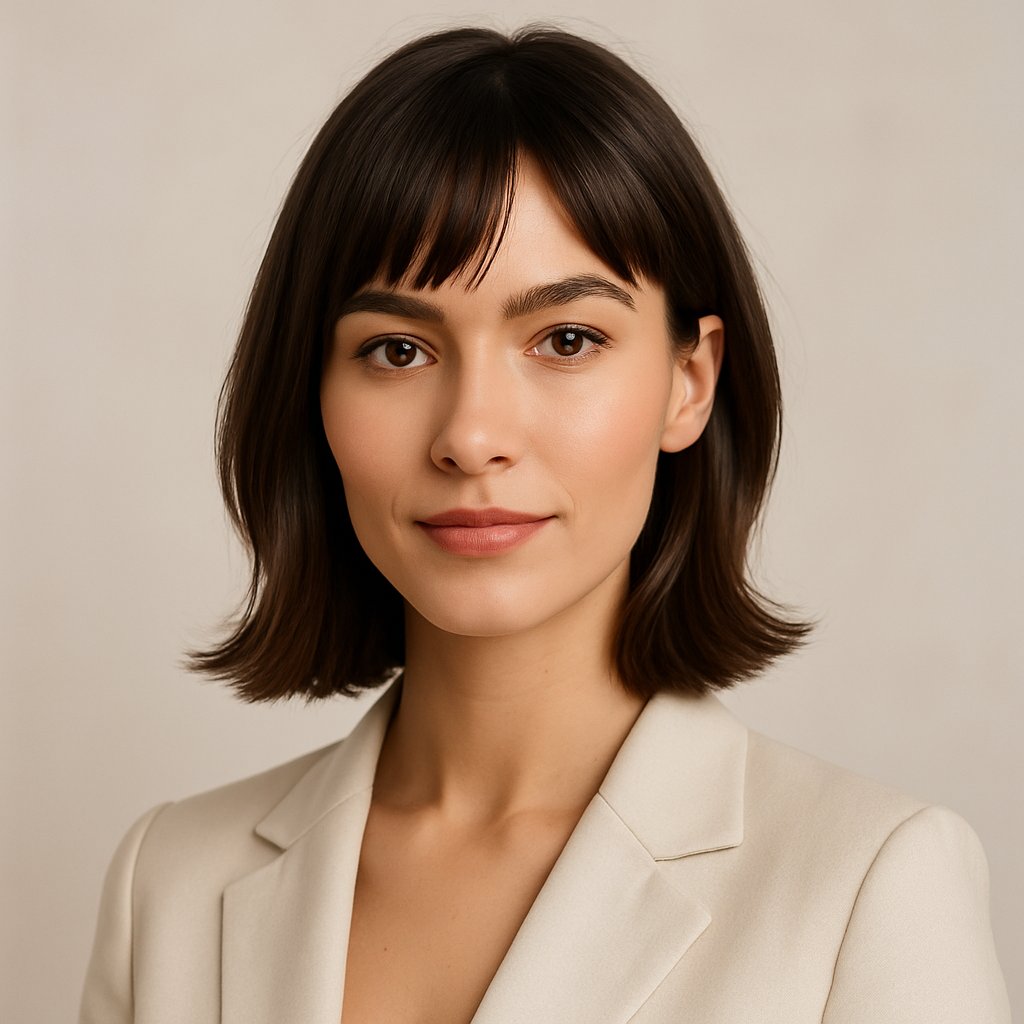 A young woman with asymmetrical bangs posing against a neutral background, looking confident and polished.