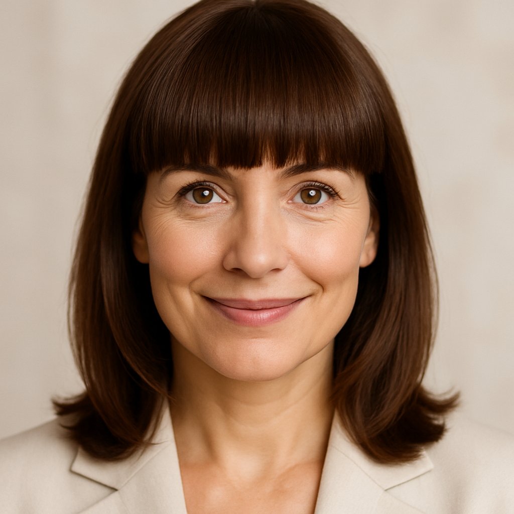 Portrait of a smiling woman with full bangs covering her forehead, looking directly at the camera.