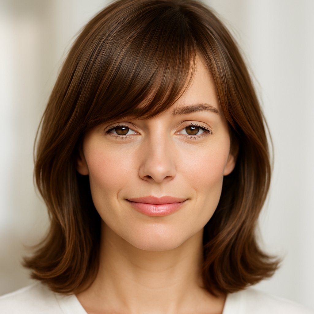 Close-up of a woman with side-parted bangs softly covering her forehead, looking relaxed and natural.