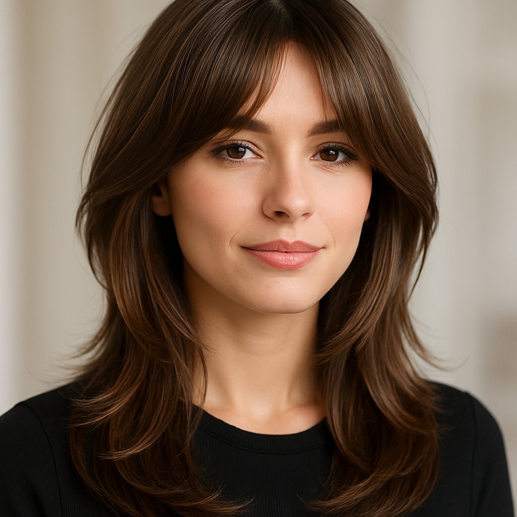 A young woman with layered hair and curtain bangs smiling softly against a blurred neutral background.