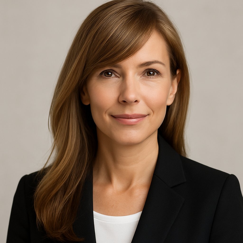 A middle-aged woman with long bangs swept to one side, smiling gently in a neutral studio setting.
