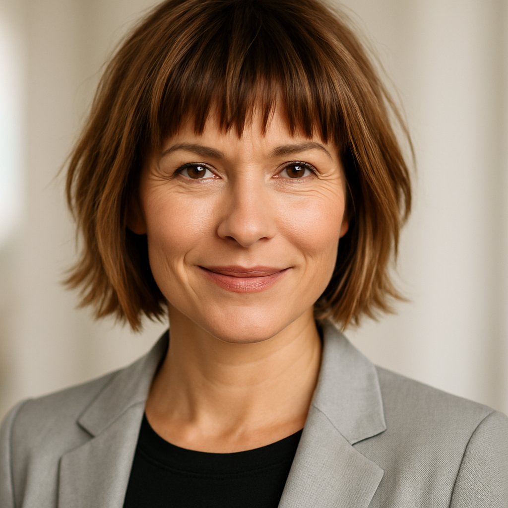 Close-up of a smiling middle-aged woman with choppy bangs and smooth skin, looking confidently at the camera.