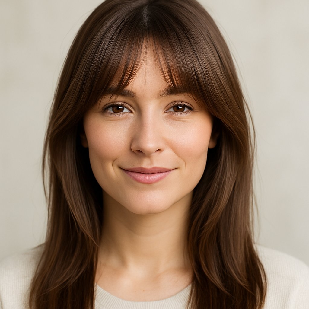A young woman with softly layered bangs smiling gently against a neutral background.