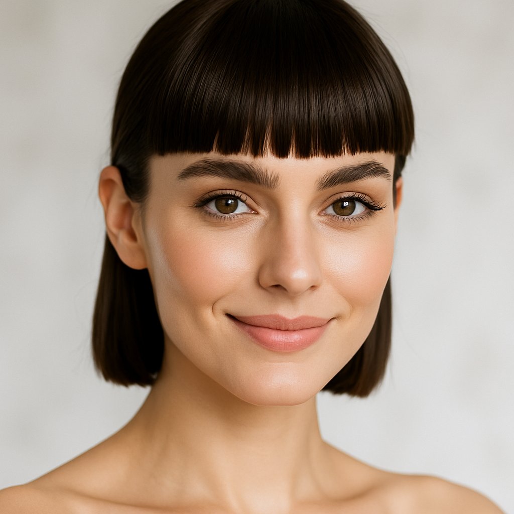 A young woman with short blunt bangs smiling softly and looking at the camera against a neutral background.