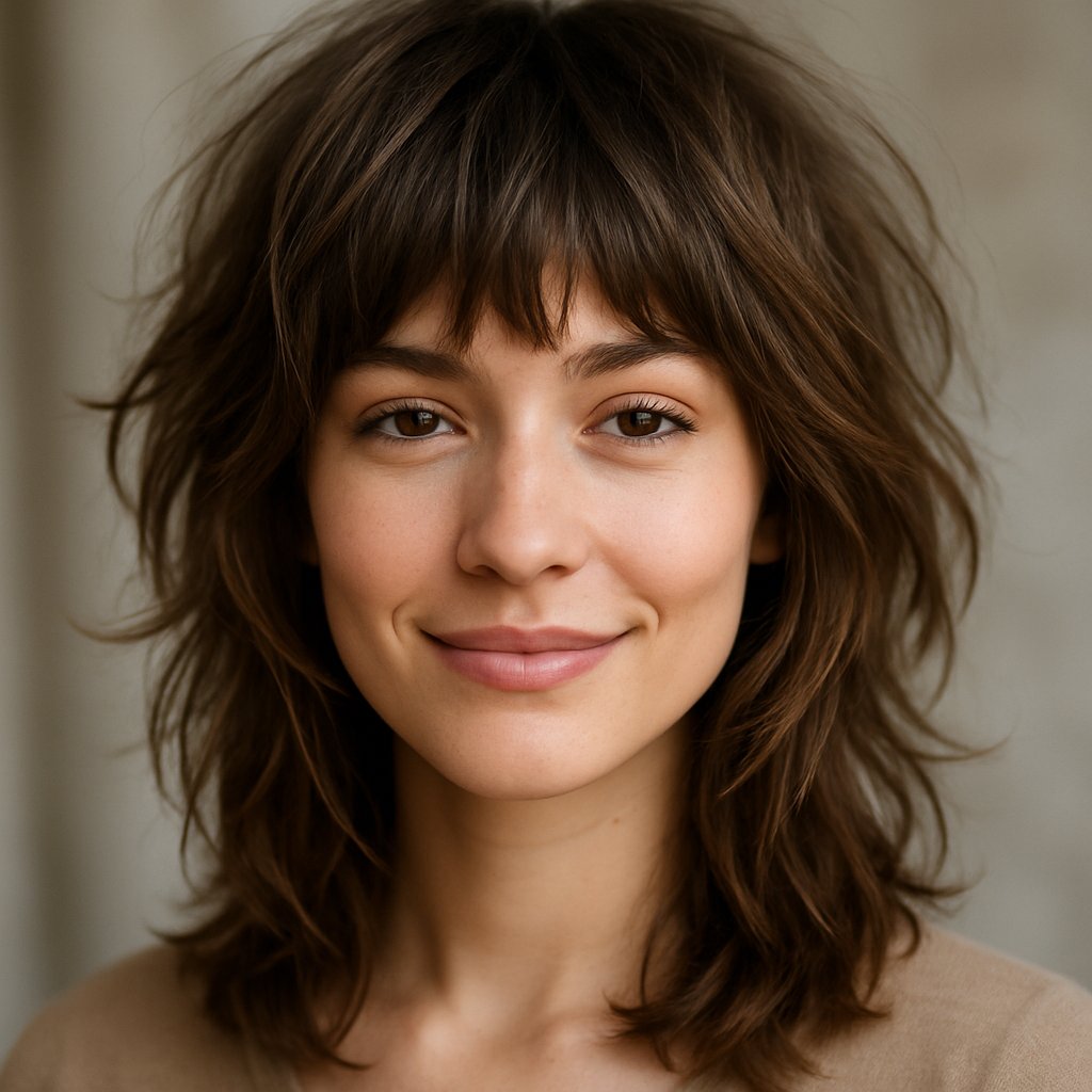 A young woman with layered shaggy bangs smiling softly against a neutral blurred background.