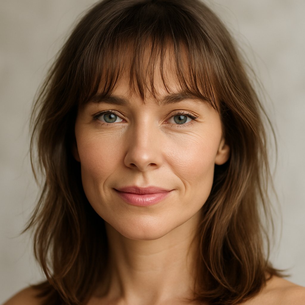Close-up of a woman with wispy bangs just above her eyebrows, smiling gently.