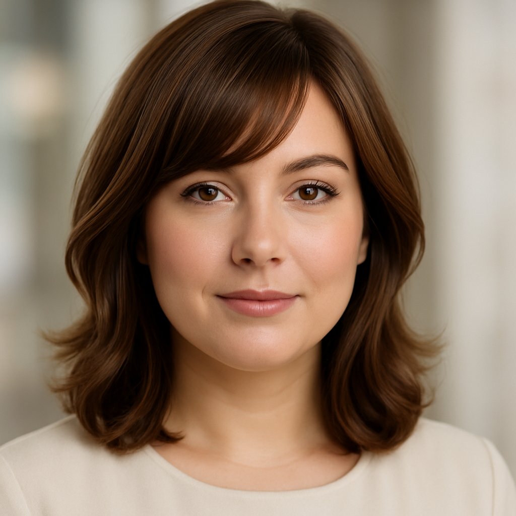 A woman with side-swept bangs smiling gently against a blurred neutral background.