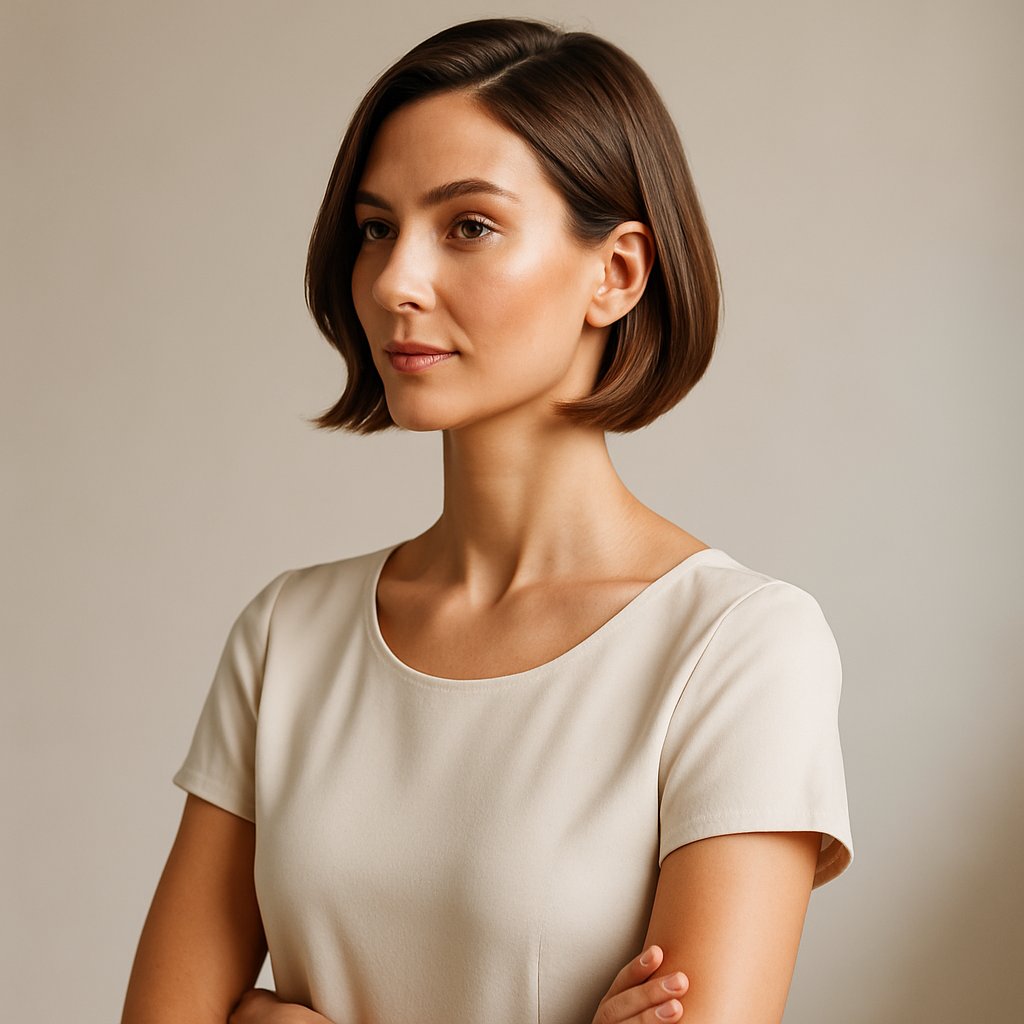 A woman with medium-length hair styled to elongate her neck, standing against a plain background.