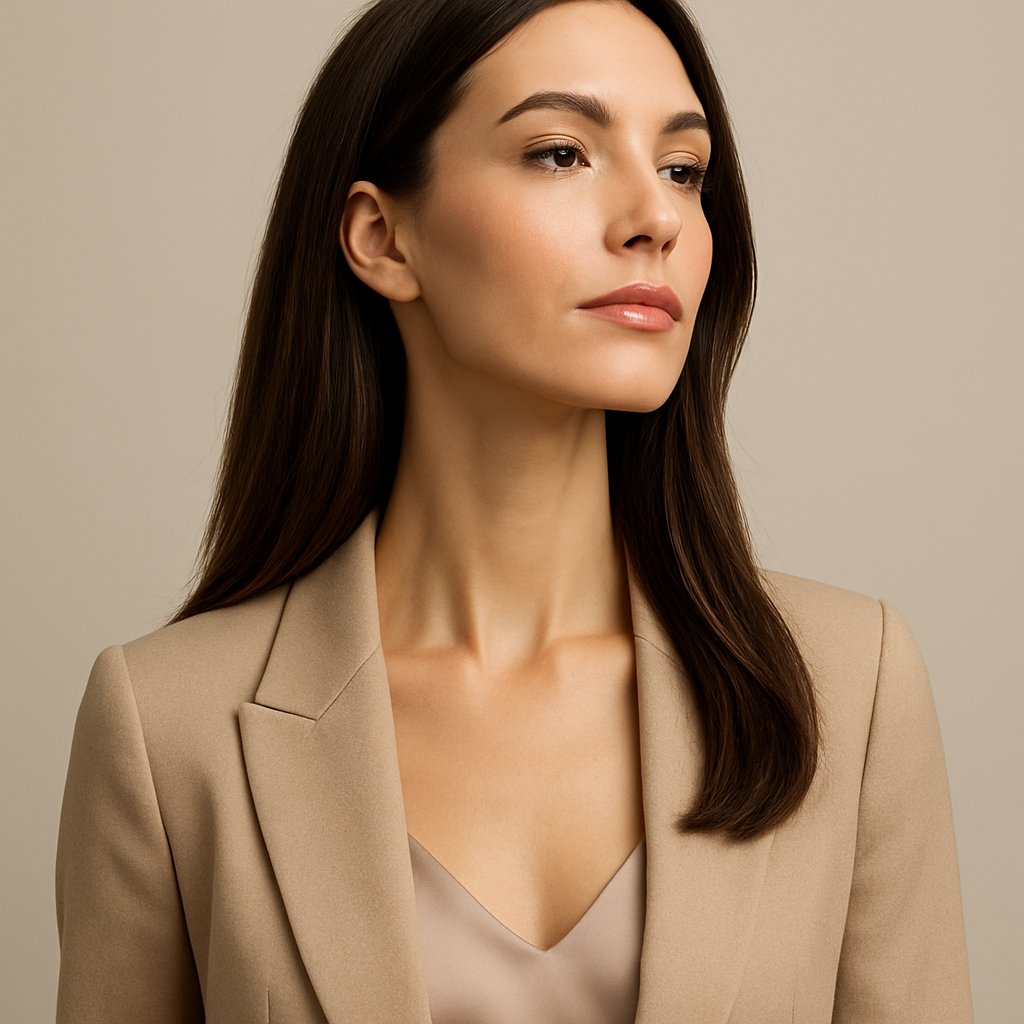 A woman with medium to long hair posing against a neutral background, showing her neck and upper body.