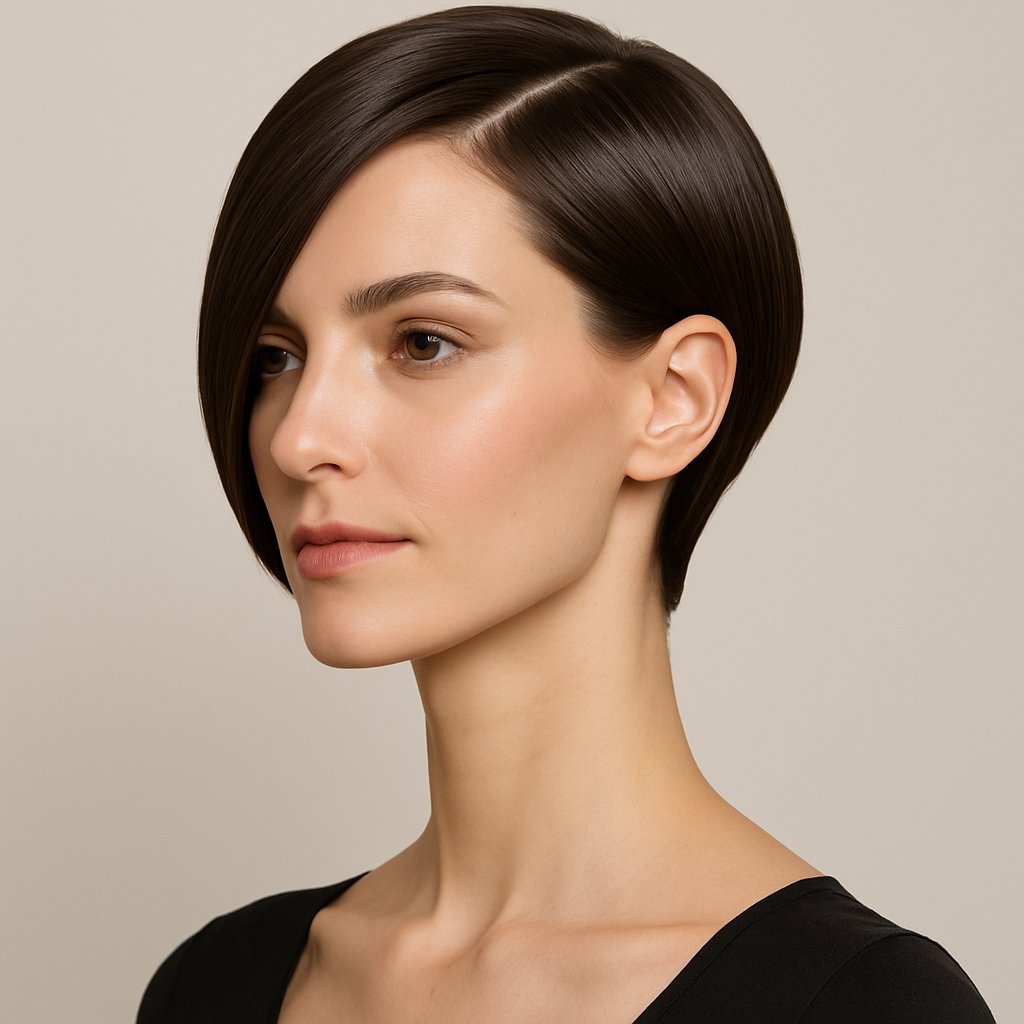 A woman with a side-parted hairstyle that elongates her neck, shown from the shoulders up against a plain background.