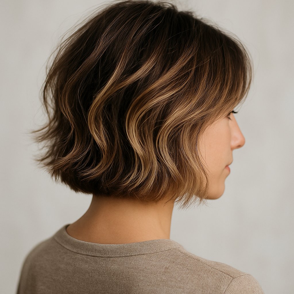 A woman seen from behind with medium-length hair blending multiple colors, creating a soft, messy transition around her neck.