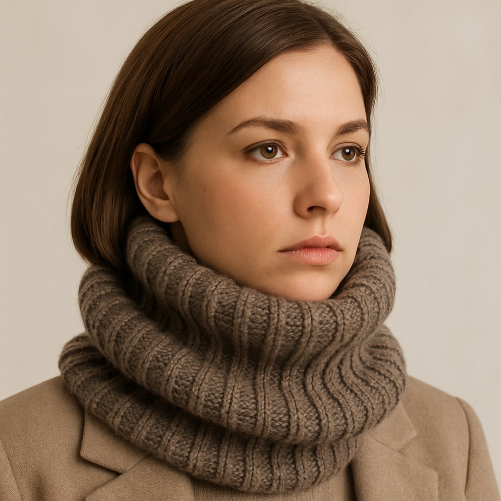 A woman wearing a large bulky scarf that covers her neck and makes her neck look shorter.