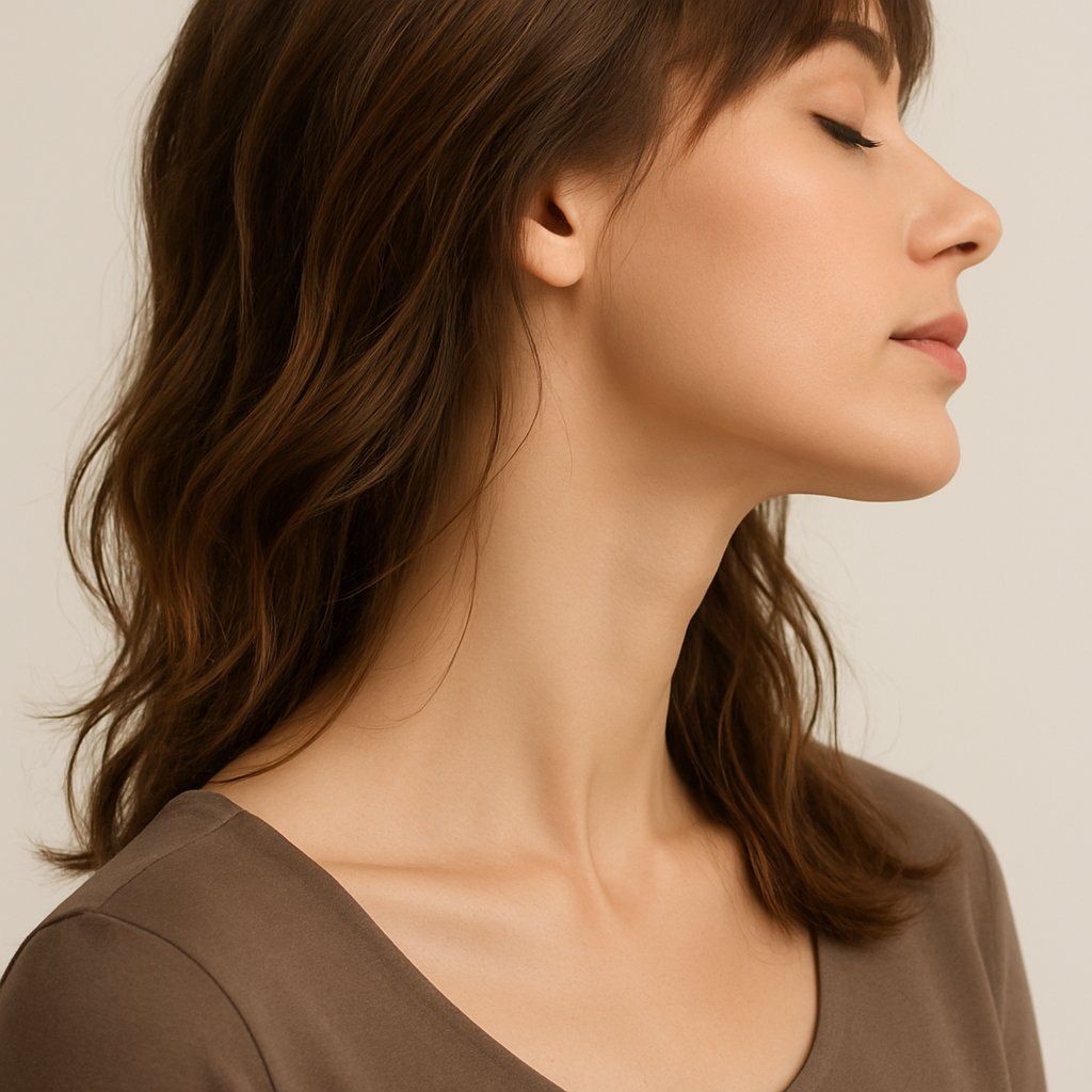 A woman with loose hair strands gently framing her elongated neck, looking slightly to the side against a plain background.