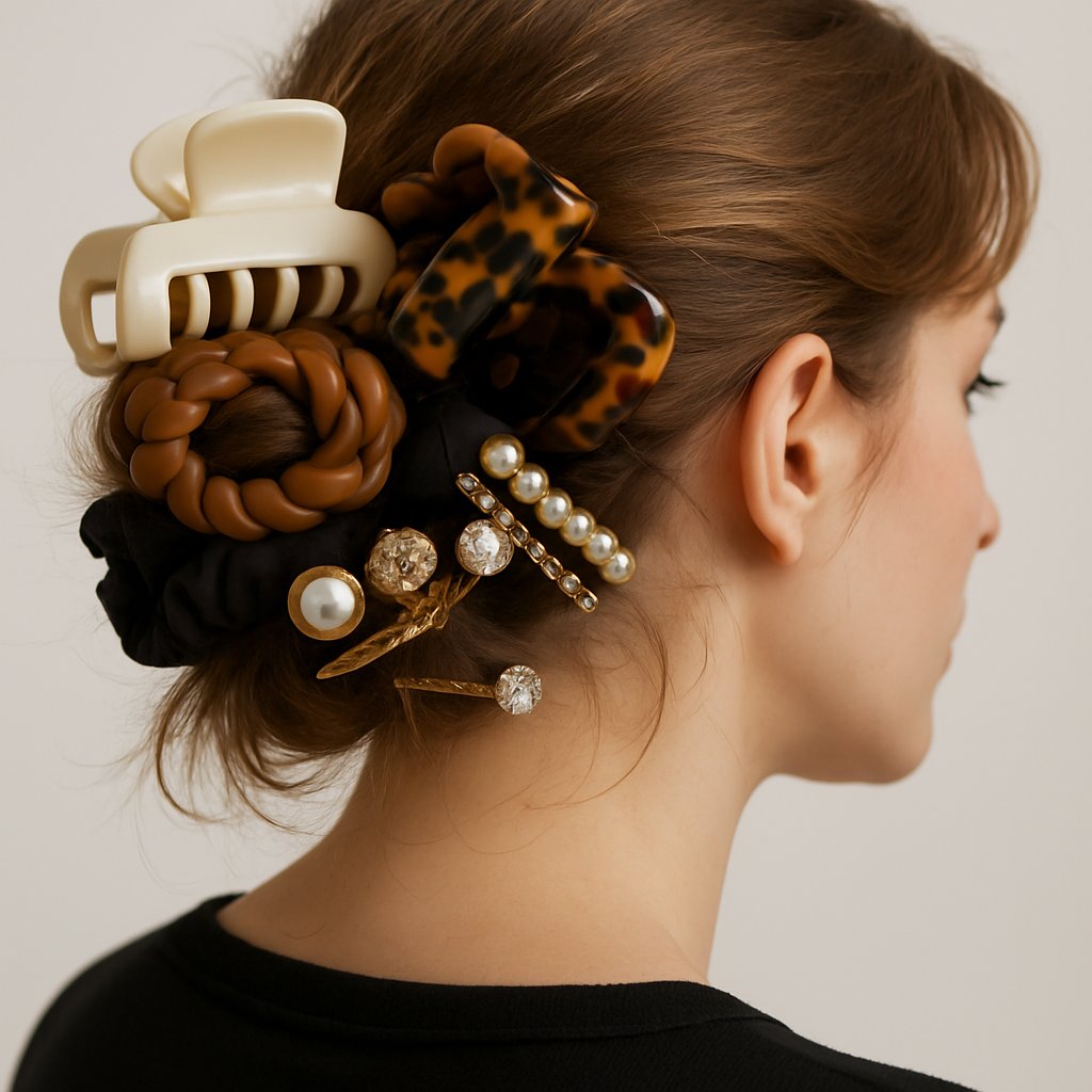 Close-up of a woman's neck with multiple large hair accessories piled tightly at the nape of her neck.