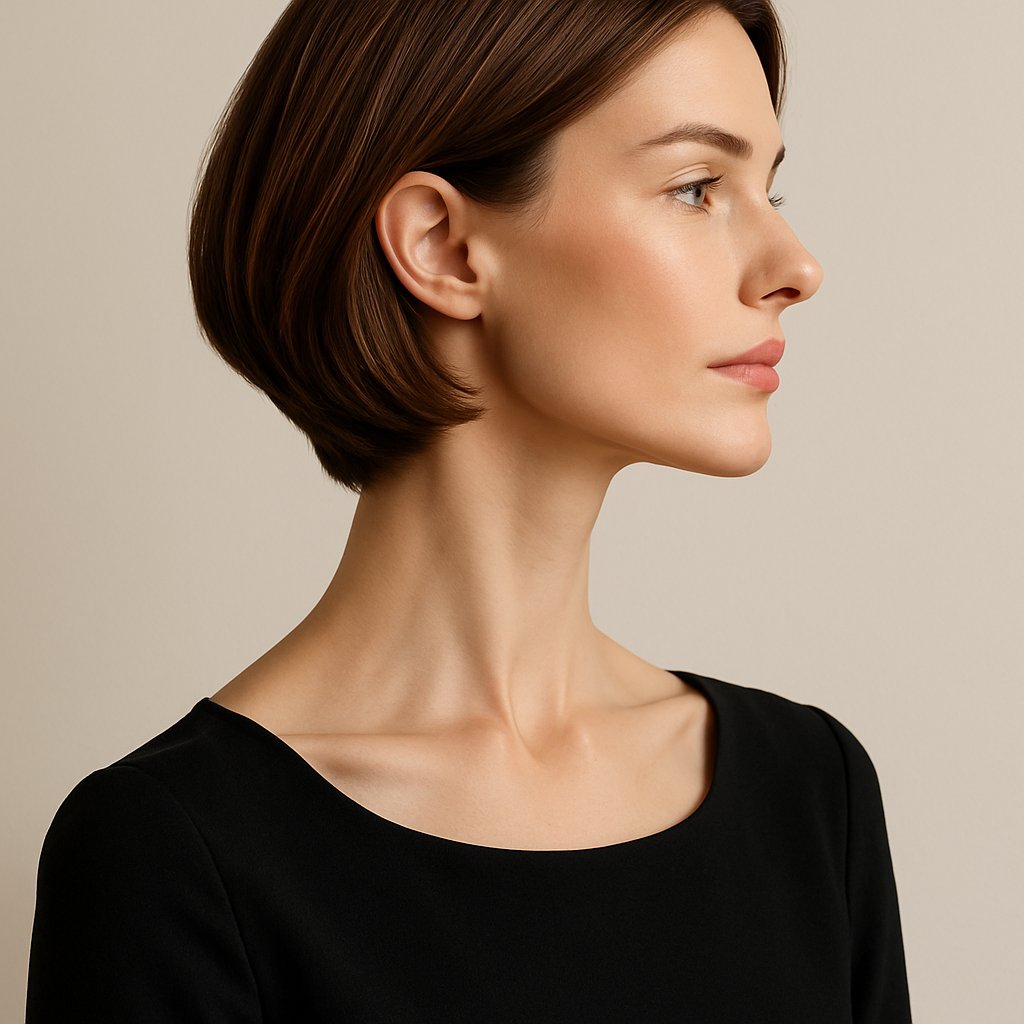 A woman with styled hair and an elongated neck looking confidently to the side against a plain background.
