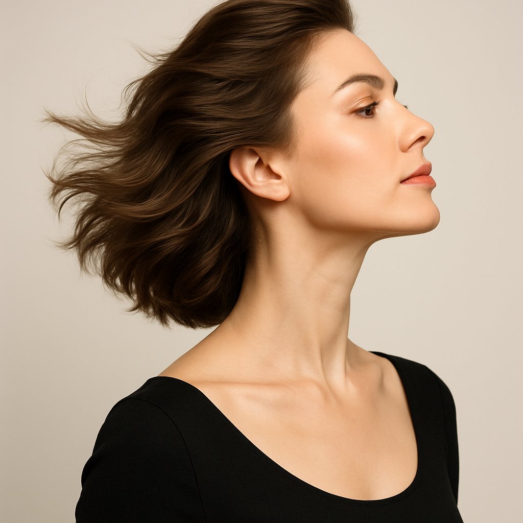 A woman with styled hair lifted away from her neck, showing a long and graceful neckline.