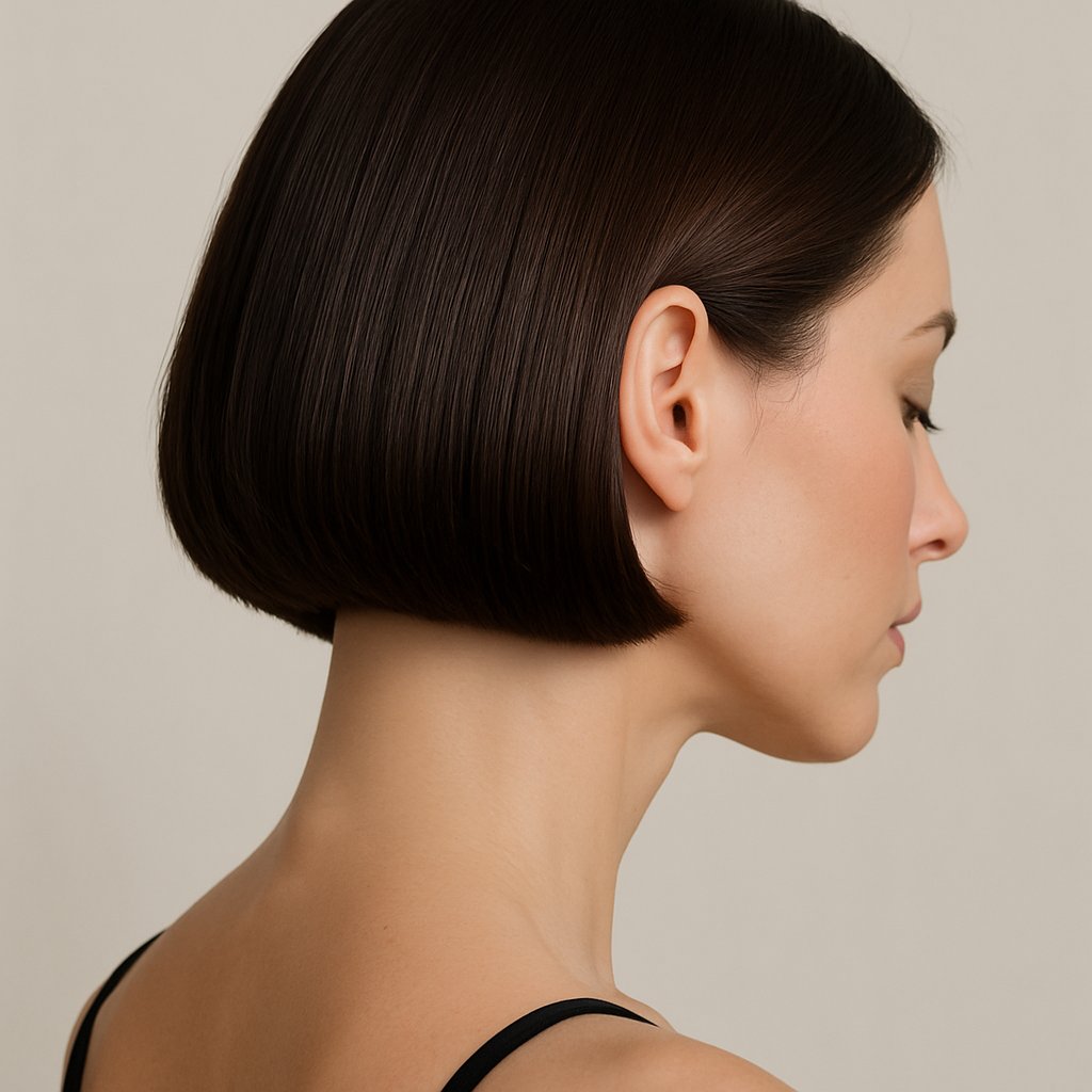 A woman shown from the back and side with sleek hair and a smooth neck, highlighting the neck area.