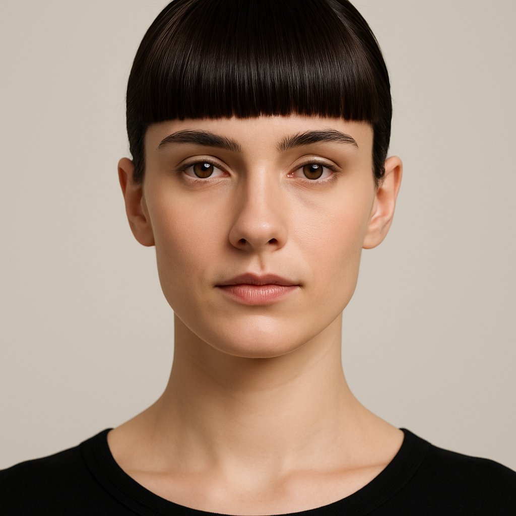 Portrait of a woman with straight-across bangs that create a horizontal line just above her eyebrows, showing her neck and face clearly.